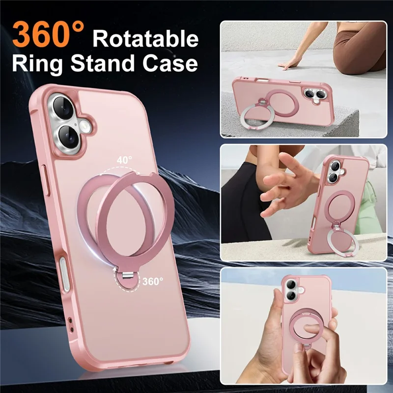 For iPhone 16 Plus Case Compatible with MagSafe Rotatable Kickstand TPU + PC Shockproof Phone Cover - Pink