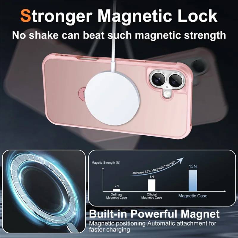 For iPhone 16 Plus Case Compatible with MagSafe Rotatable Kickstand TPU + PC Shockproof Phone Cover - Pink