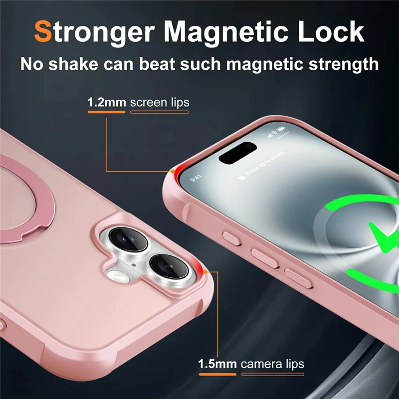 For iPhone 16 Plus Case Compatible with MagSafe Rotatable Kickstand TPU + PC Shockproof Phone Cover - Pink