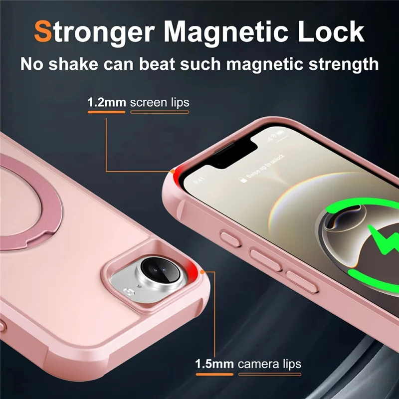 For iPhone 16e Case Compatible with MagSafe Rotatable Kickstand TPU + PC Shockproof Phone Cover - Pink