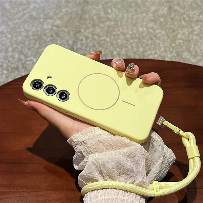 Capa para Samsung Galaxy S25 Compatível com MagSafe, Silicone Líquido Macio ao Toque + Capa de Celular em PC com Alça de Pulso - Amarelo Claro