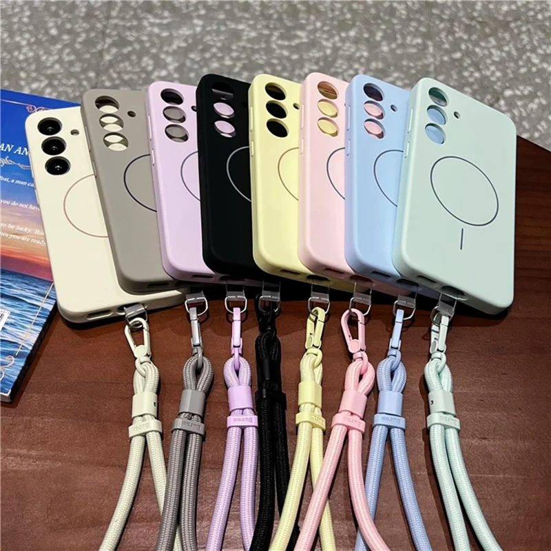 Capa para Samsung Galaxy S25 Compatível com MagSafe, Silicone Líquido Macio ao Toque + Capa de Celular em PC com Alça de Pulso - Amarelo Claro
