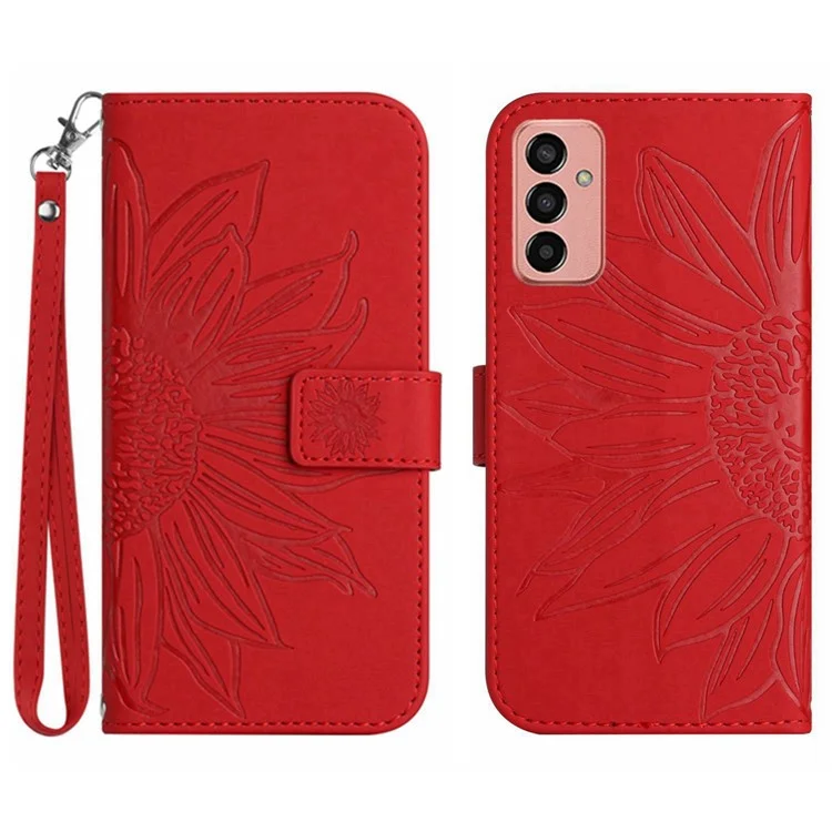 Para o Samsung Galaxy M13 4G HT04 Splash Touch Skin-touch PU Celular Celular Guard Cover Impresso Capa de Carteira de Suporte de Girassol Com Cinta - Vermelho