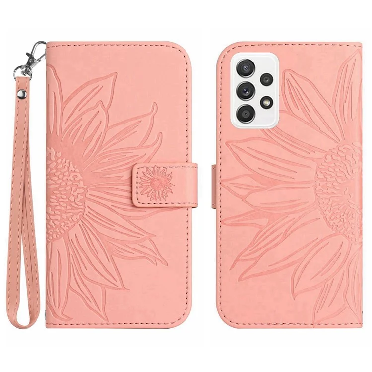 Pour Samsung Galaxy A53 5G HT04 Skin-Touch PU Leather Book Style Phone Case Imprinted Sunflower Stand Wallet Cover with Hand Strap - Light Pink