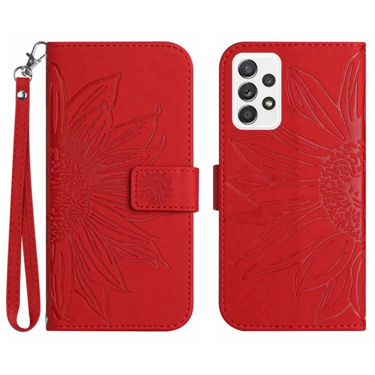 Pour Samsung Galaxy A73 5G HT04 Touch PU Cuir PU Flio Flip Téléphone Couvrette de Porte-greffe de Tournesol Imprimé Avec Sangle à Main - Rouge