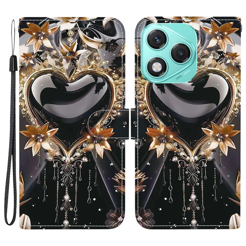 For Honor 400 Lite 5G Wallet Case Pattern Printing Leather Stand Phone Cover with Strap -  Black Gold Heart