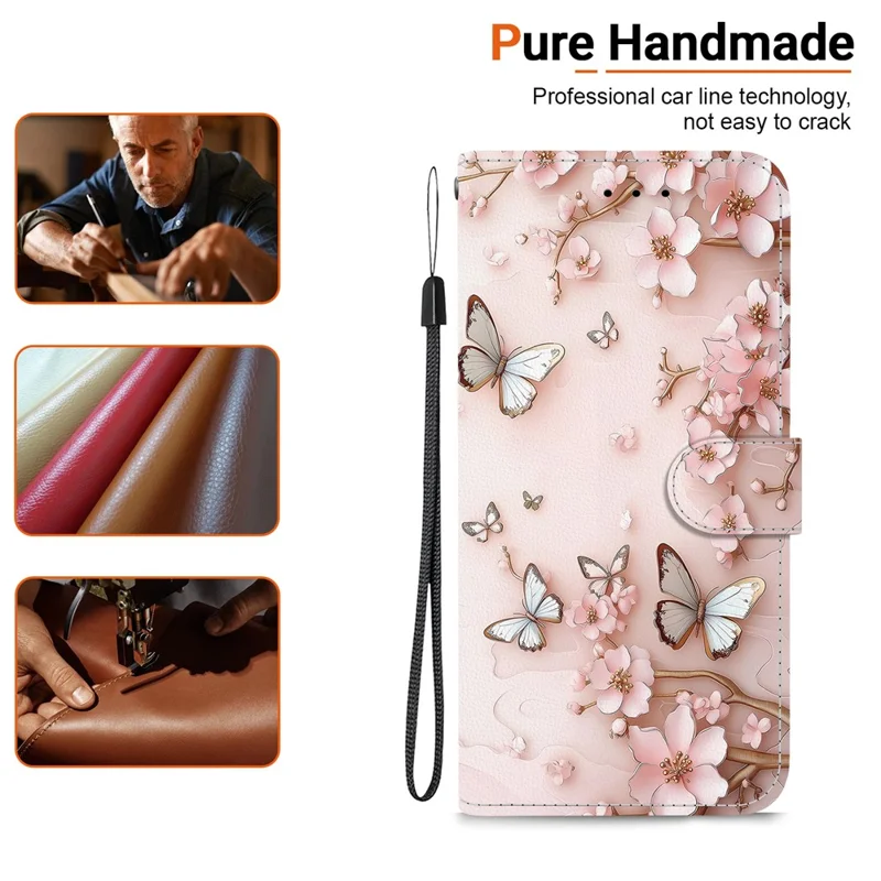 For iPhone 17 Wallet Case Pattern Printing Leather Stand Phone Cover with Strap - Pink Butterfly
