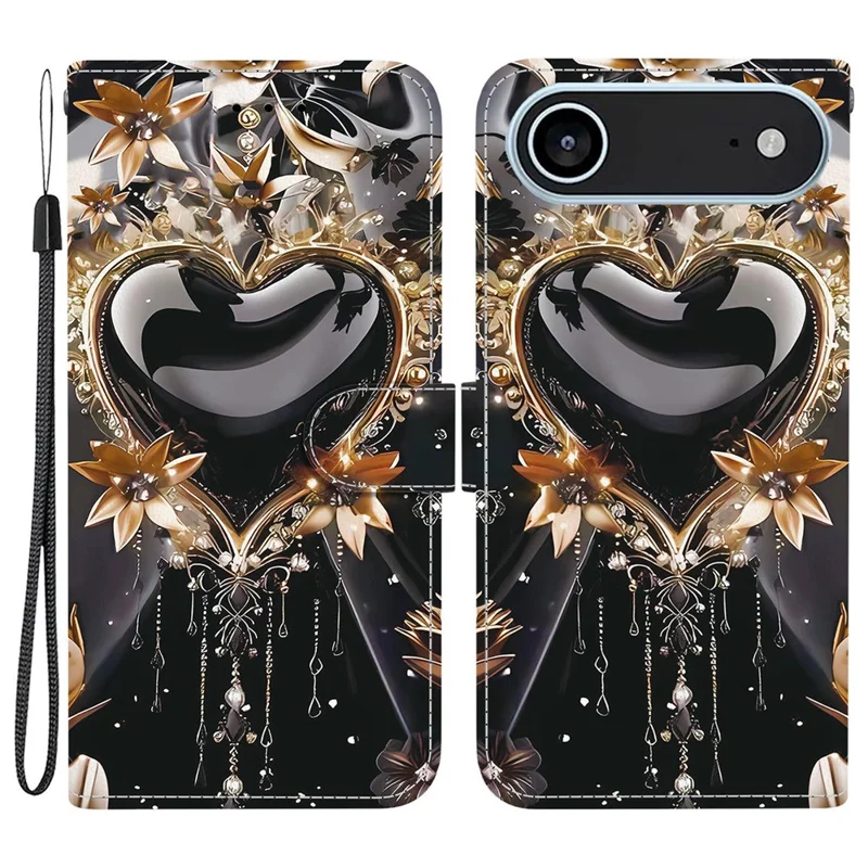 For iPhone Air Wallet Case Pattern Printing Leather Stand Phone Cover with Strap - Black Gold Heart