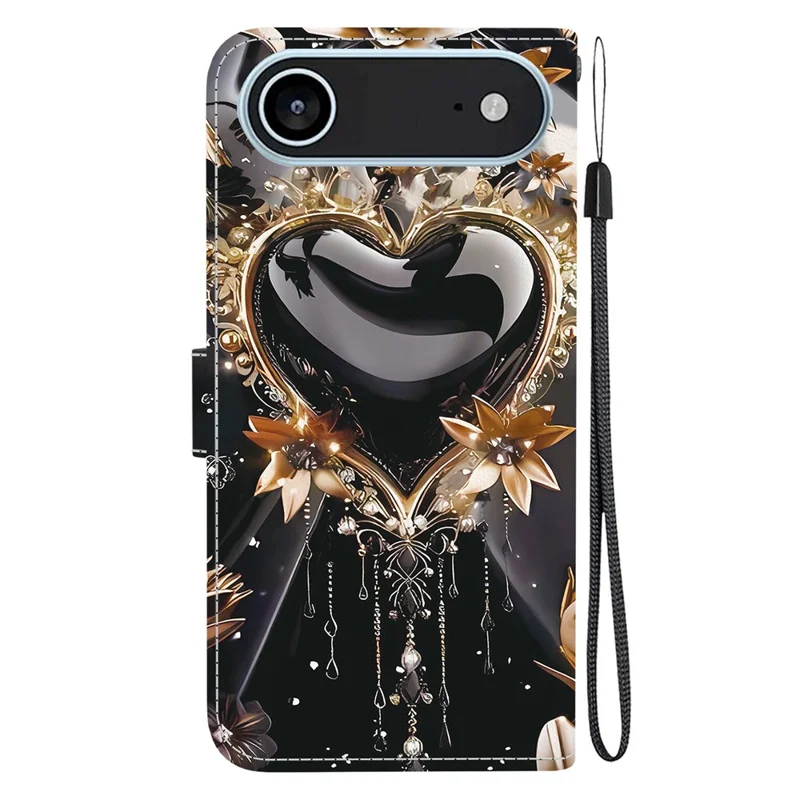 For iPhone Air Wallet Case Pattern Printing Leather Stand Phone Cover with Strap - Black Gold Heart