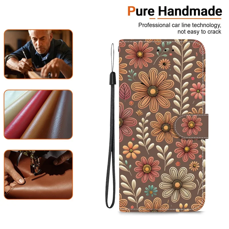 For iPhone 18 Pro Max / 17 Pro Max Wallet Case Pattern Printing Leather Stand Phone Cover with Strap - Blossom