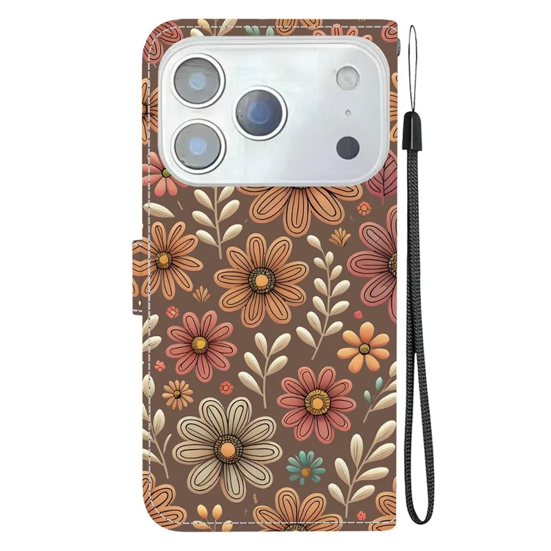 For iPhone 18 Pro Max / 17 Pro Max Wallet Case Pattern Printing Leather Stand Phone Cover with Strap - Blossom