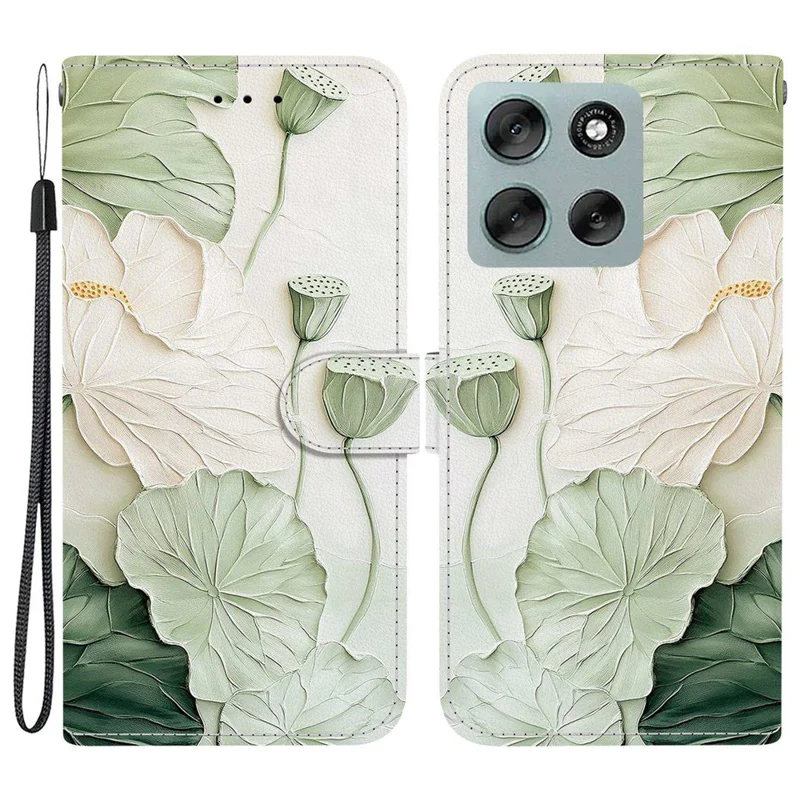 For Motorola Moto G56 5G Wallet Case Pattern Printing Leather Stand Phone Cover with Strap - Lotus