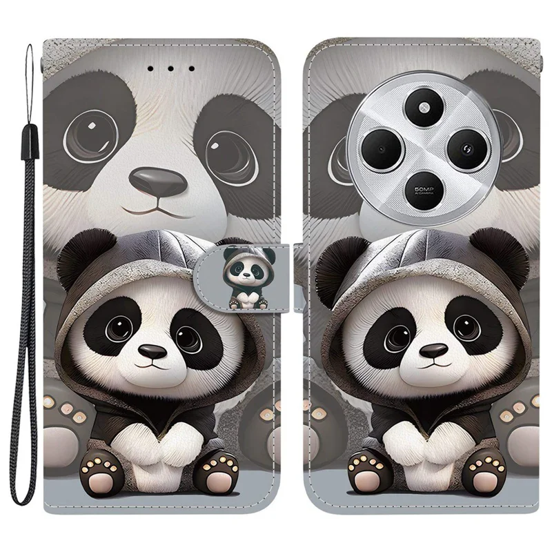 Capa Carteira para Xiaomi Poco C75 4G / Redmi 14R 5G / 14C 4G com Estampa de Padrão em Couro, Suporte para Celular com Alça - Panda