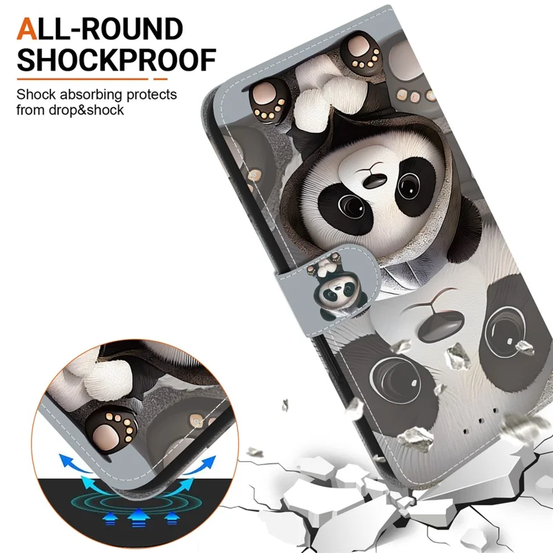 Capa Carteira para Xiaomi Poco C75 4G / Redmi 14R 5G / 14C 4G com Estampa de Padrão em Couro, Suporte para Celular com Alça - Panda