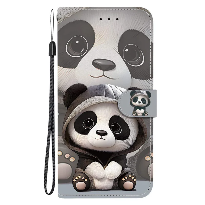 Capa Carteira para Xiaomi Poco C75 4G / Redmi 14R 5G / 14C 4G com Estampa de Padrão em Couro, Suporte para Celular com Alça - Panda