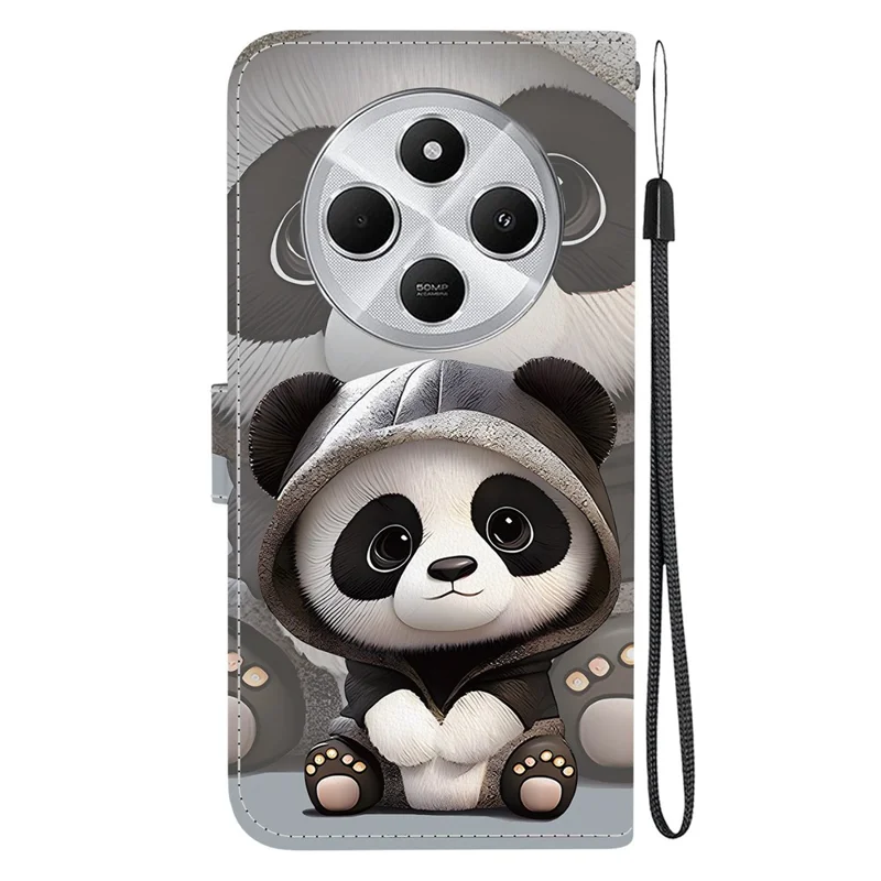 Capa Carteira para Xiaomi Poco C75 4G / Redmi 14R 5G / 14C 4G com Estampa de Padrão em Couro, Suporte para Celular com Alça - Panda