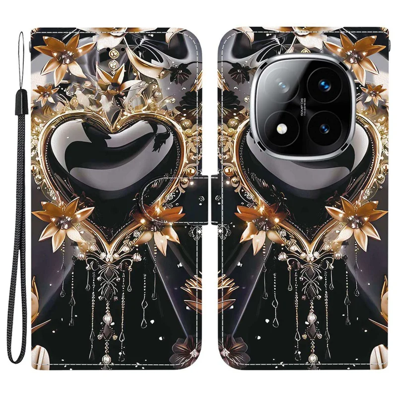 Capa de carteira para Xiaomi Poco X7 5G / Redmi Note 14 Pro 5G / Note 14 Pro+ 5G Impressão de padrão Capa de telefone de couro com alça - Coração dourado preto