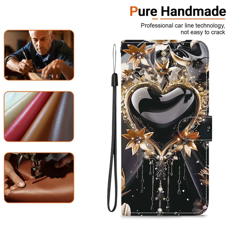 Capa de carteira para Xiaomi Poco X7 5G / Redmi Note 14 Pro 5G / Note 14 Pro+ 5G Impressão de padrão Capa de telefone de couro com alça - Coração dourado preto