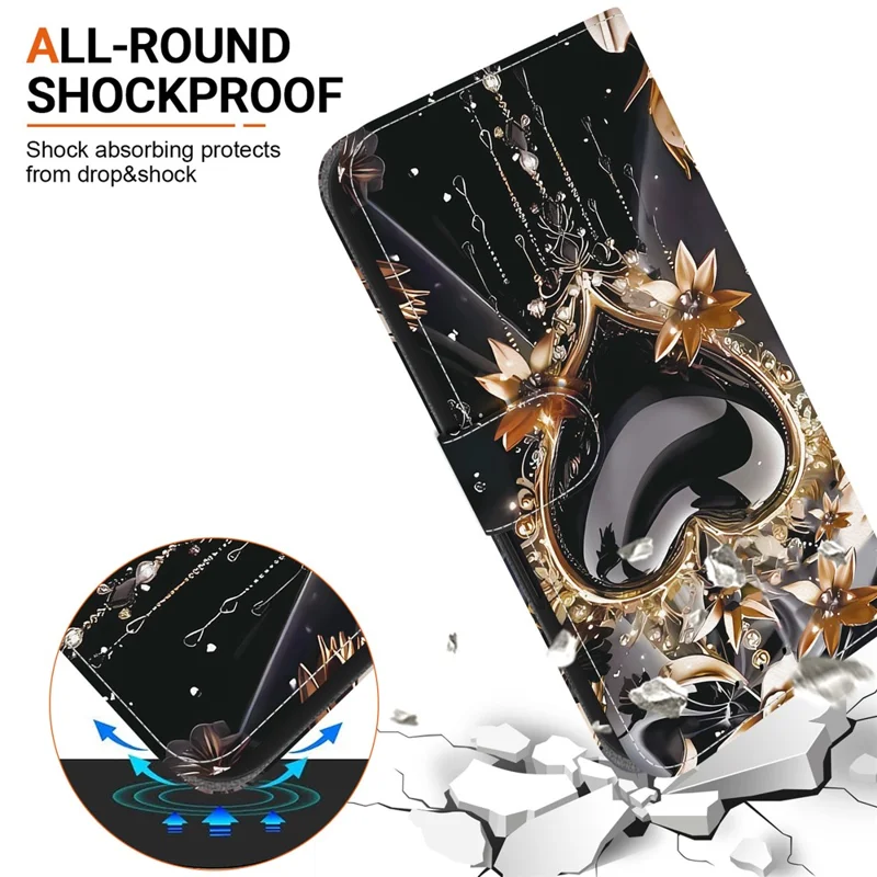 Capa de carteira para Xiaomi Poco X7 5G / Redmi Note 14 Pro 5G / Note 14 Pro+ 5G Impressão de padrão Capa de telefone de couro com alça - Coração dourado preto