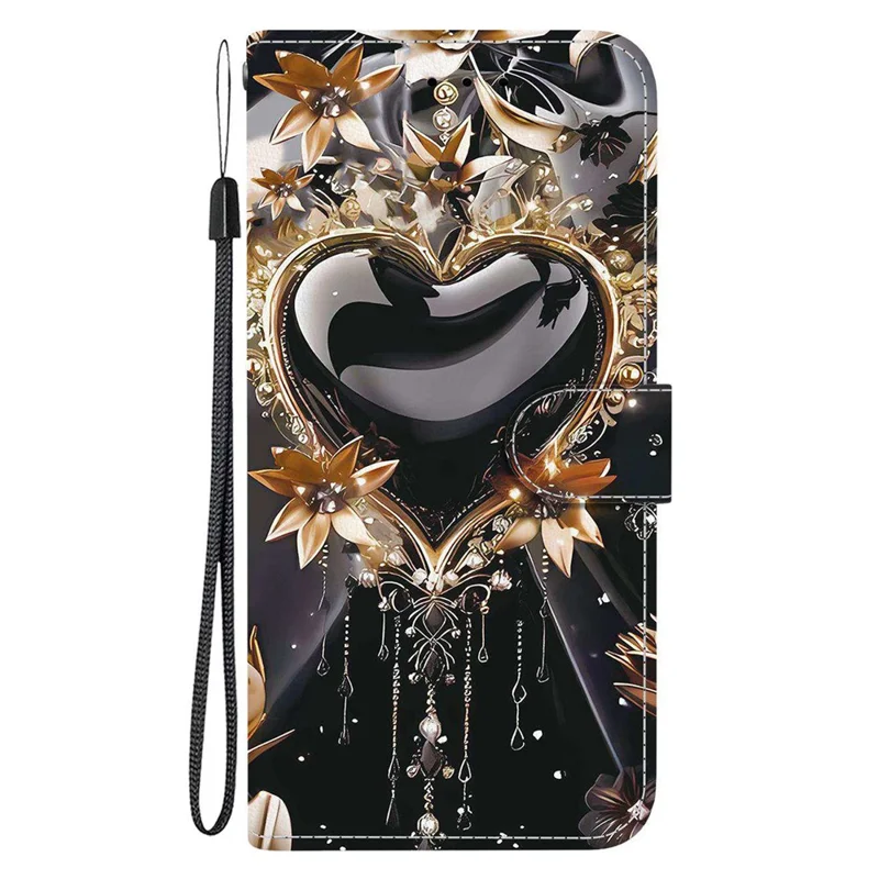 Capa de carteira para Xiaomi Poco X7 5G / Redmi Note 14 Pro 5G / Note 14 Pro+ 5G Impressão de padrão Capa de telefone de couro com alça - Coração dourado preto