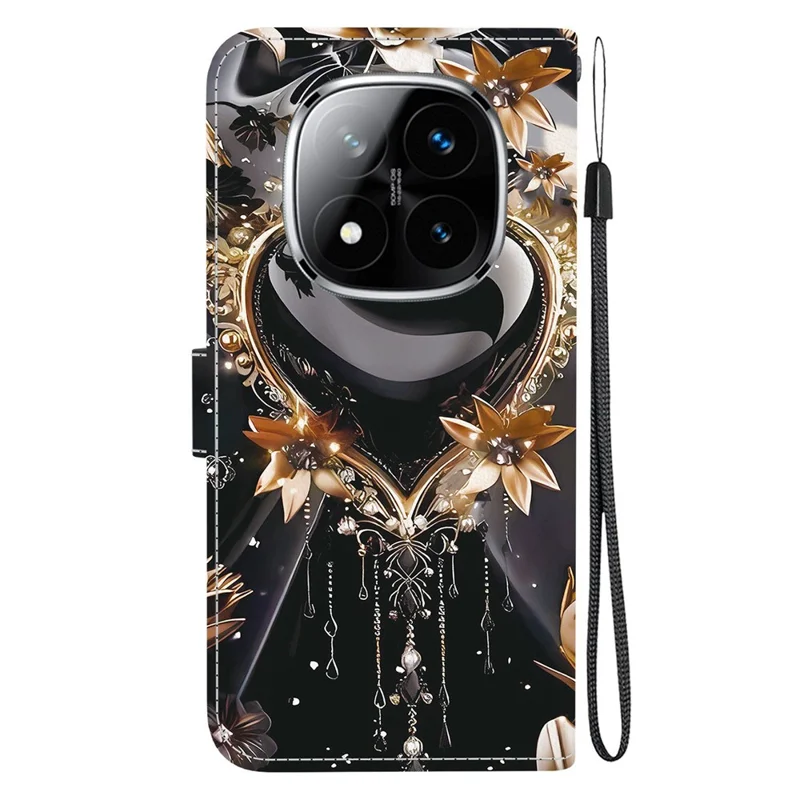 Capa de carteira para Xiaomi Poco X7 5G / Redmi Note 14 Pro 5G / Note 14 Pro+ 5G Impressão de padrão Capa de telefone de couro com alça - Coração dourado preto