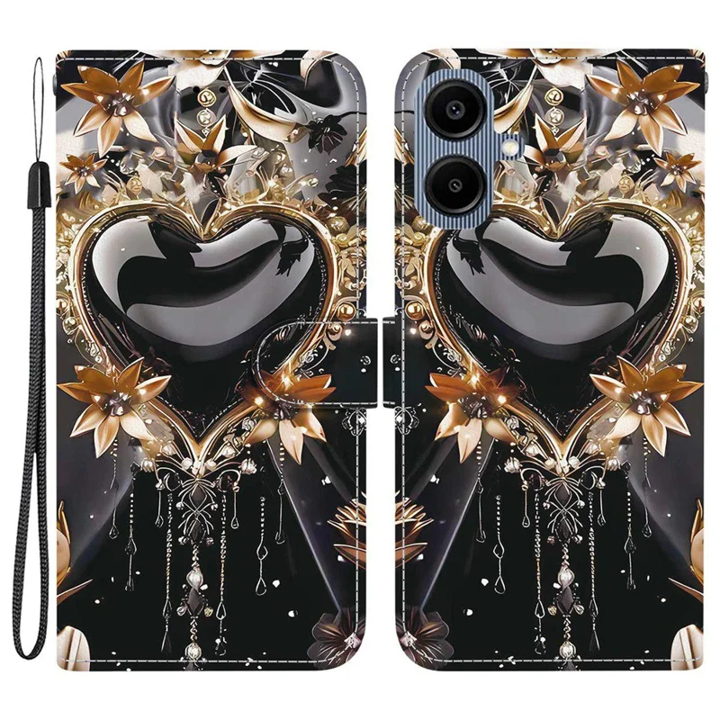 Wallet Case for Samsung Galaxy A07 4G / A06 4G / A06 5G Pattern Printing Leather Stand Phone Cover with Strap - Black Gold Heart