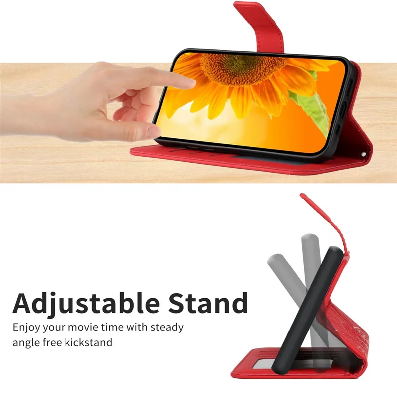 For Samsung Galaxy A72 4G / 5G Phone Case, HT04 Skin-Touch PU Leather Imprinted Sunflower Stand Wallet Cover with Hand Strap - Red
