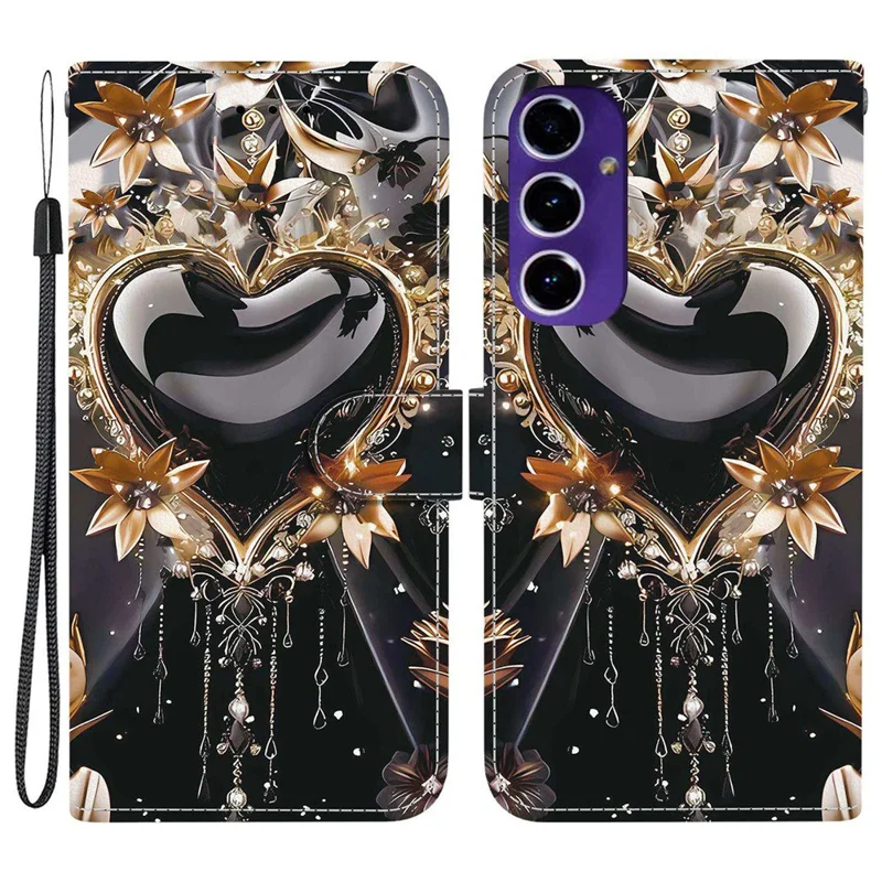 For Samsung Galaxy A16 5G / 4G Wallet Case Pattern Printing Leather Stand Phone Cover with Strap - Black Gold Heart