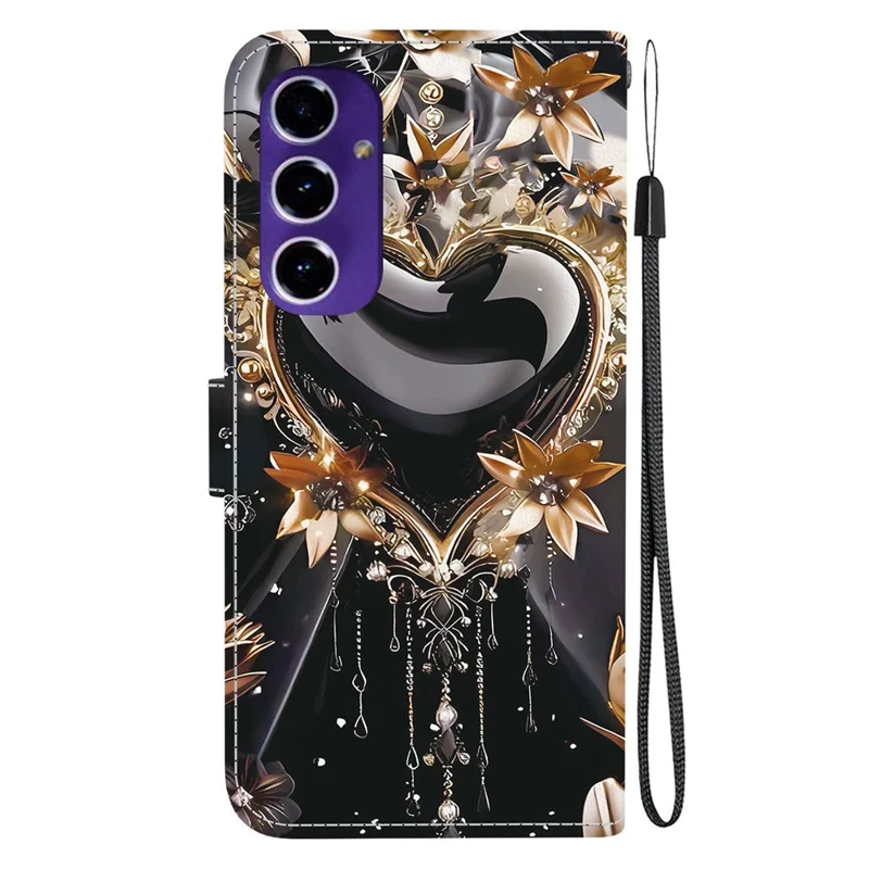 For Samsung Galaxy A16 5G / 4G Wallet Case Pattern Printing Leather Stand Phone Cover with Strap - Black Gold Heart