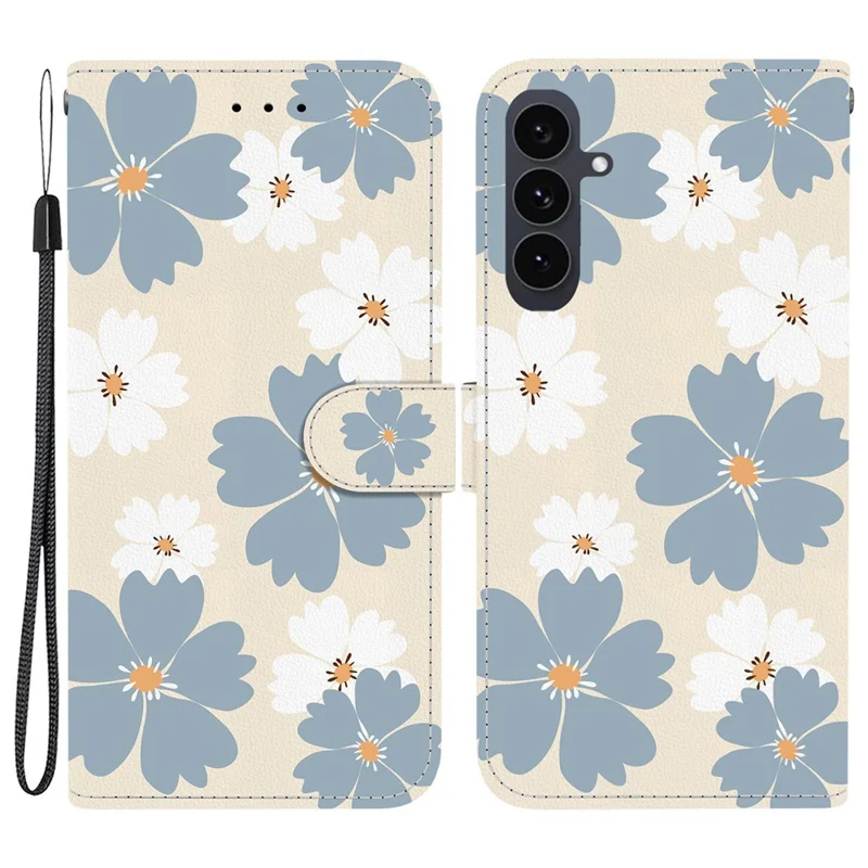 For Samsung Galaxy S25 FE Wallet Case Pattern Printing Leather Stand Phone Cover with Strap - Blue Daisy