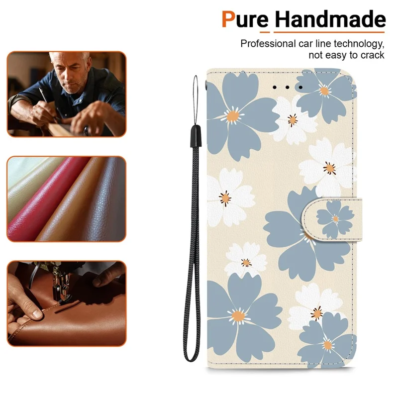 For Samsung Galaxy S25 FE Wallet Case Pattern Printing Leather Stand Phone Cover with Strap - Blue Daisy