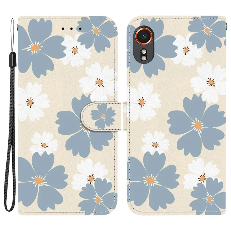 For Samsung Galaxy Xcover7 Wallet Case Pattern Printing Leather Stand Phone Cover with Strap - Blue Daisy