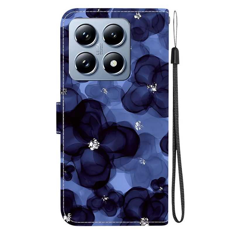For Xiaomi 14T Wallet Case Pattern Printing Leather Stand Phone Cover with Strap - Ink Blue Flower