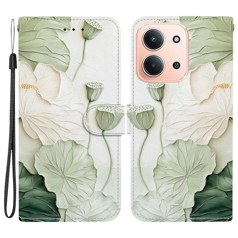 For Xiaomi Redmi 15C 4G (EU) (173mm) / 15C 5G (EU) (173mm) / Poco C85 4G (173mm) Case Pattern Printing Leather Phone Cover with Strap - Lotus