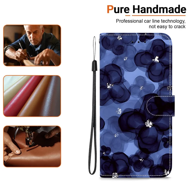 Pour Xiaomi Redmi Turbo 4 5G / Poco X7 Pro 5G Étui Portefeuille à Motif Imprimé en Cuir avec Support et Lanière - Fleur Bleu Encre
