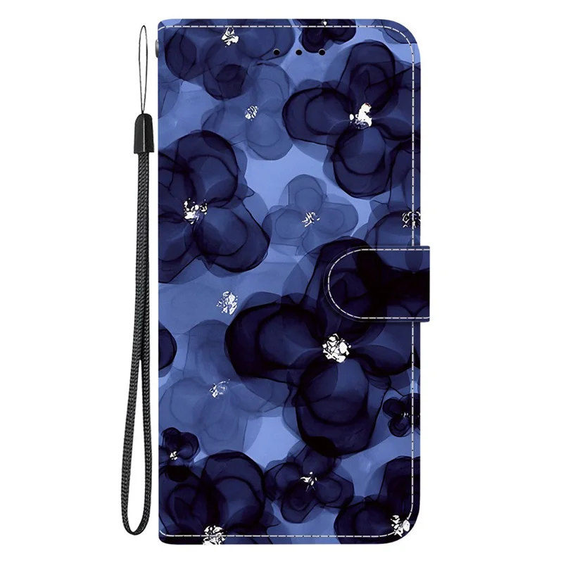 Pour Xiaomi Redmi Turbo 4 5G / Poco X7 Pro 5G Étui Portefeuille à Motif Imprimé en Cuir avec Support et Lanière - Fleur Bleu Encre