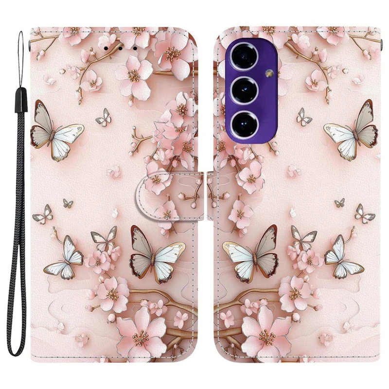 For Samsung Galaxy S24 FE Wallet Case Pattern Printing Leather Stand Phone Cover with Strap - Pink Butterfly