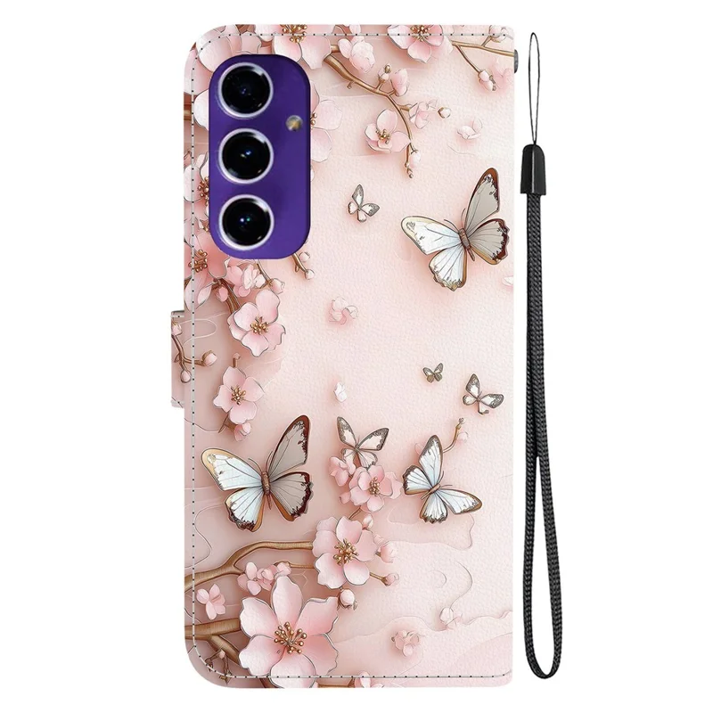 For Samsung Galaxy S24 FE Wallet Case Pattern Printing Leather Stand Phone Cover with Strap - Pink Butterfly