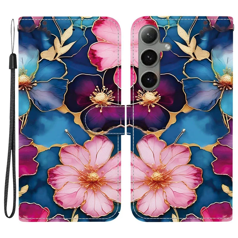 Per Samsung Galaxy S25+ / S24+ Cover a Portafoglio con Stampa a Motivi, Supporto in Pelle e Cinturino - Fiore Blu e Oro