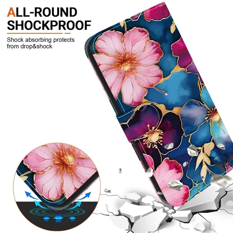 Per Samsung Galaxy S25+ / S24+ Cover a Portafoglio con Stampa a Motivi, Supporto in Pelle e Cinturino - Fiore Blu e Oro