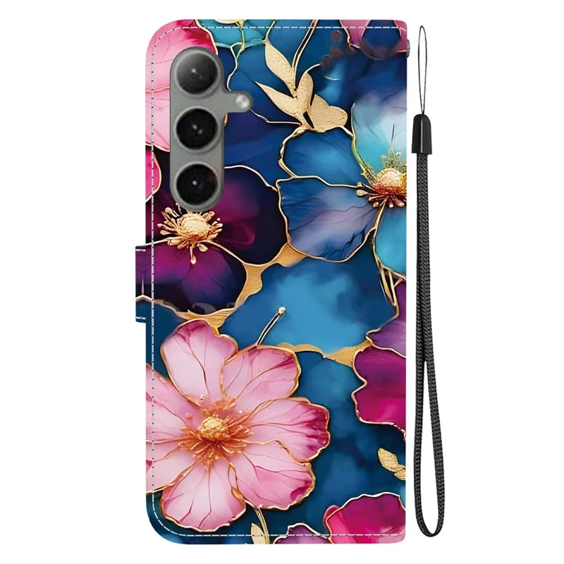 Per Samsung Galaxy S25+ / S24+ Cover a Portafoglio con Stampa a Motivi, Supporto in Pelle e Cinturino - Fiore Blu e Oro