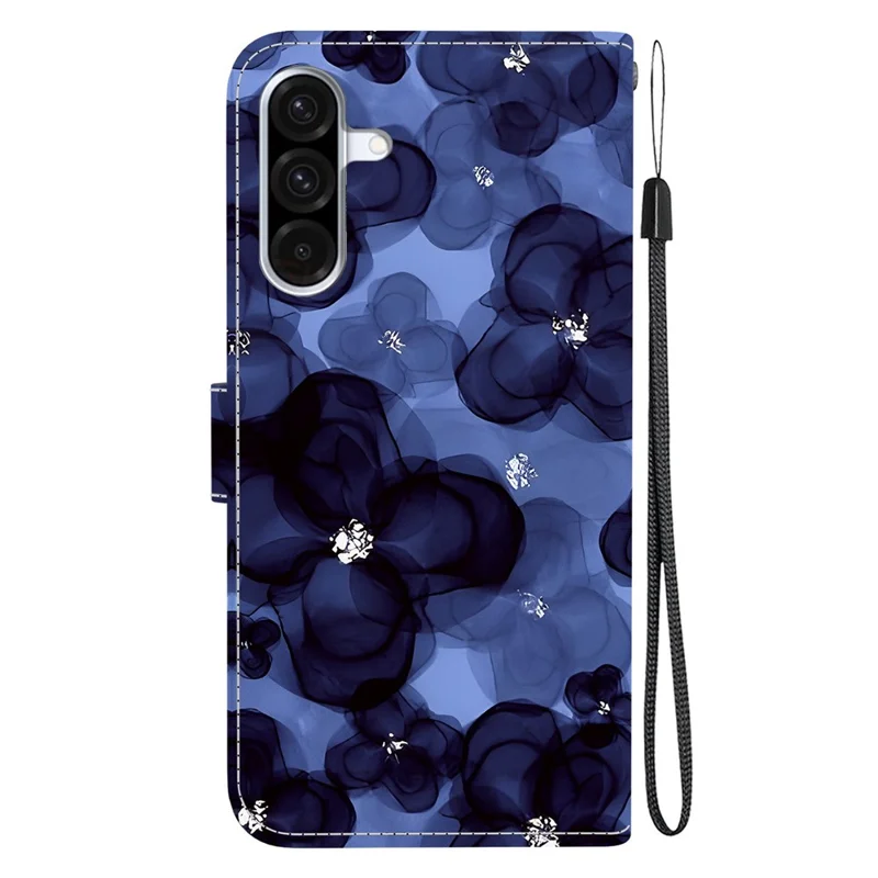 For Samsung Galaxy A56 5G Wallet Case Pattern Printing Leather Stand Phone Cover with Strap - Ink Blue Flower
