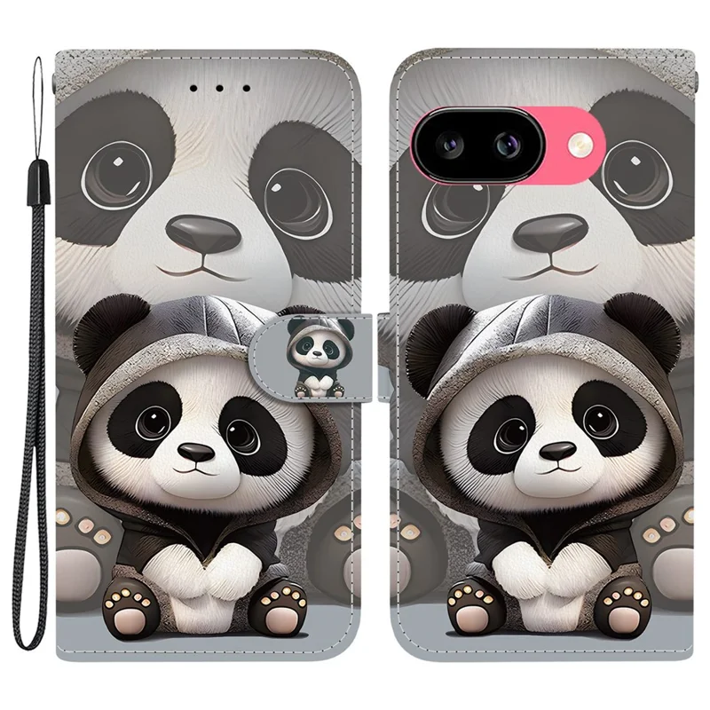 Taske til Google Pixel 9a med wallet, mønstertrykt læderbeskyttelse med stand og stropløsning - Panda