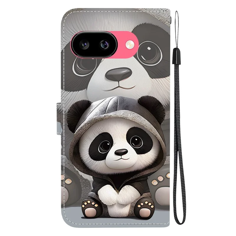 Taske til Google Pixel 9a med wallet, mønstertrykt læderbeskyttelse med stand og stropløsning - Panda