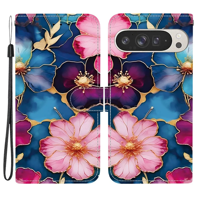 For Google Pixel 9 Pro XL Wallet Case Pattern Printing Leather Stand Phone Cover with Strap - Blue Gold Flower