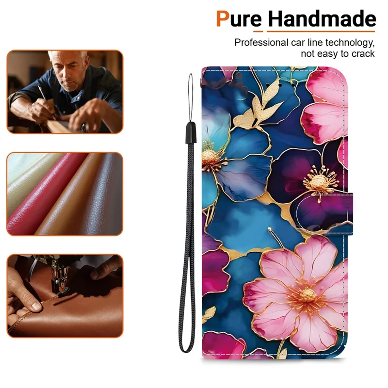 For Google Pixel 9 Pro XL Wallet Case Pattern Printing Leather Stand Phone Cover with Strap - Blue Gold Flower