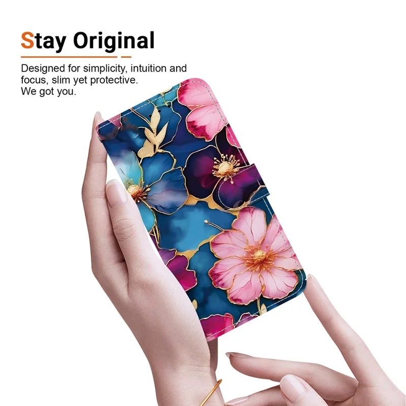 For Google Pixel 9 Pro XL Wallet Case Pattern Printing Leather Stand Phone Cover with Strap - Blue Gold Flower