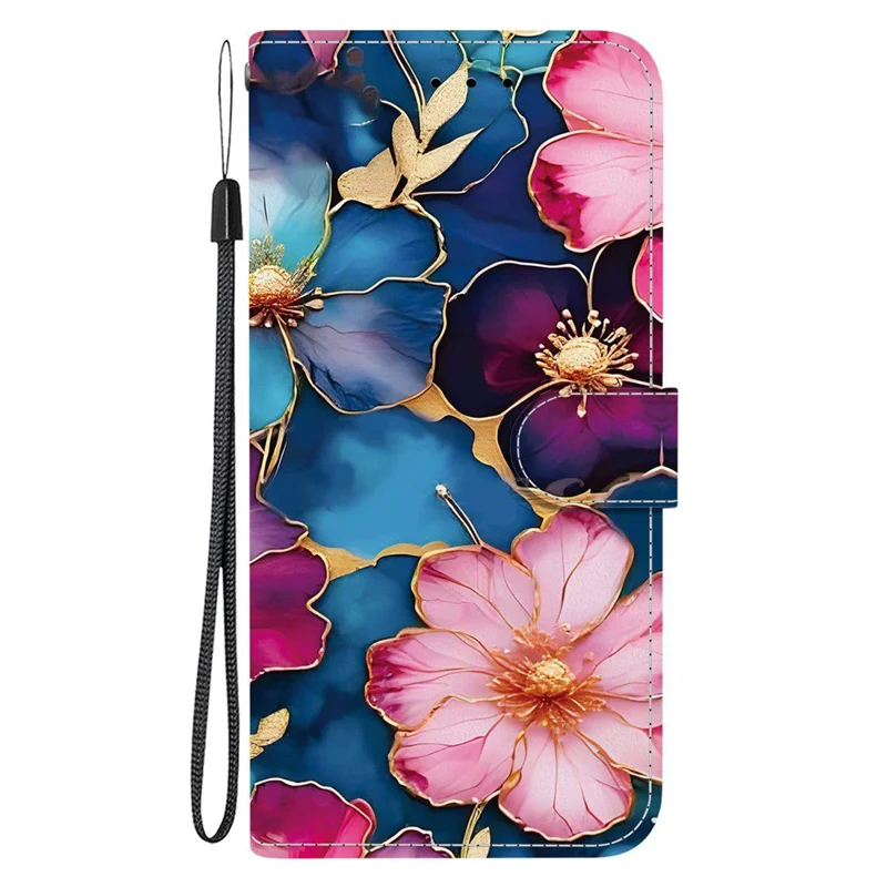 For Google Pixel 9 Pro XL Wallet Case Pattern Printing Leather Stand Phone Cover with Strap - Blue Gold Flower