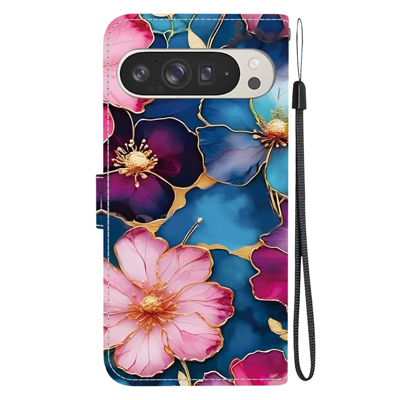 For Google Pixel 9 Pro XL Wallet Case Pattern Printing Leather Stand Phone Cover with Strap - Blue Gold Flower