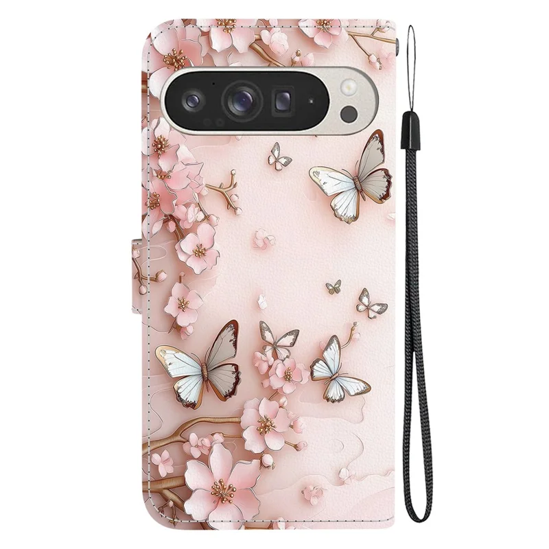 For Google Pixel 9 Pro XL Wallet Case Pattern Printing Leather Stand Phone Cover with Strap - Pink Butterfly